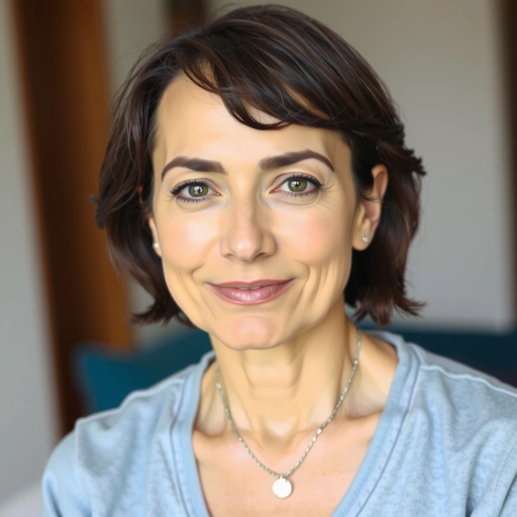 Portrait of a serene woman in her 50s, practicing mindfulness.