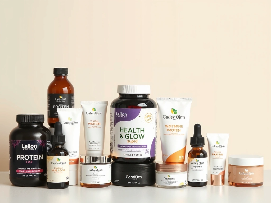 Assortment of Healthandglowhungarycv & Glow products, including supplements and skincare items, arranged aesthetically on a clean, bright background to showcase variety and quality.