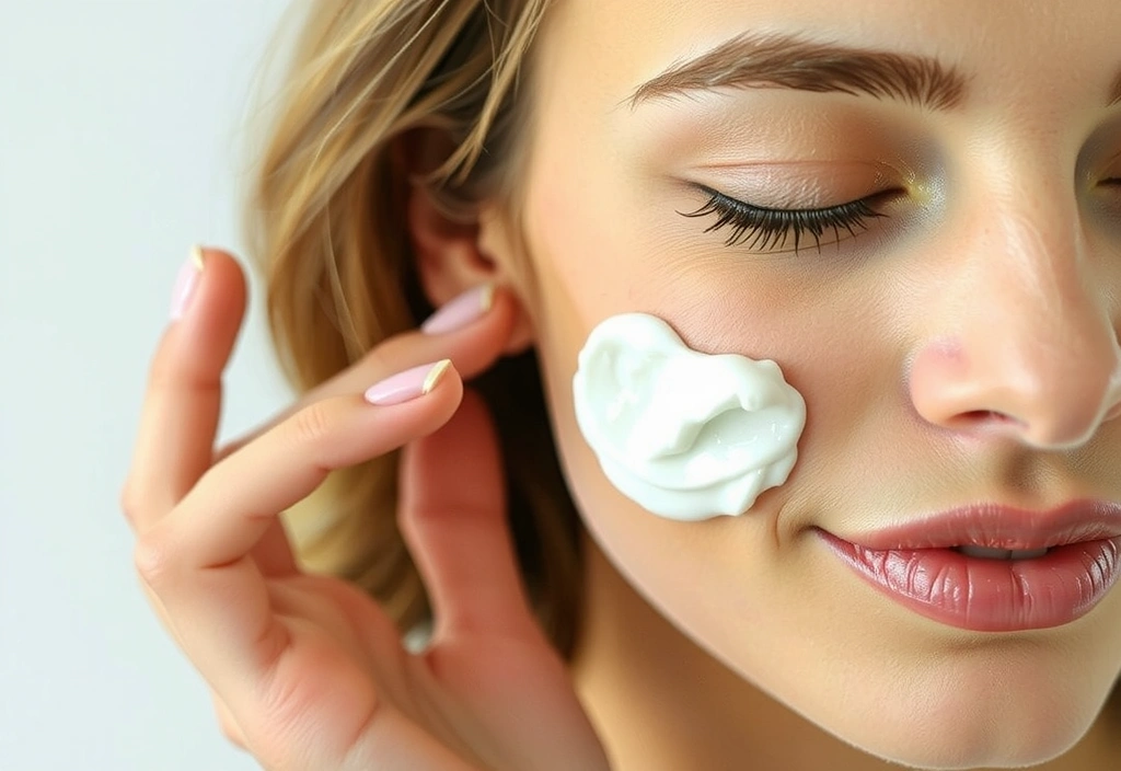 A woman applying a luxurious facial cream, with soft lighting highlighting the texture of the cream and her radiant skin. The background is blurred, focusing on the act of self-care.